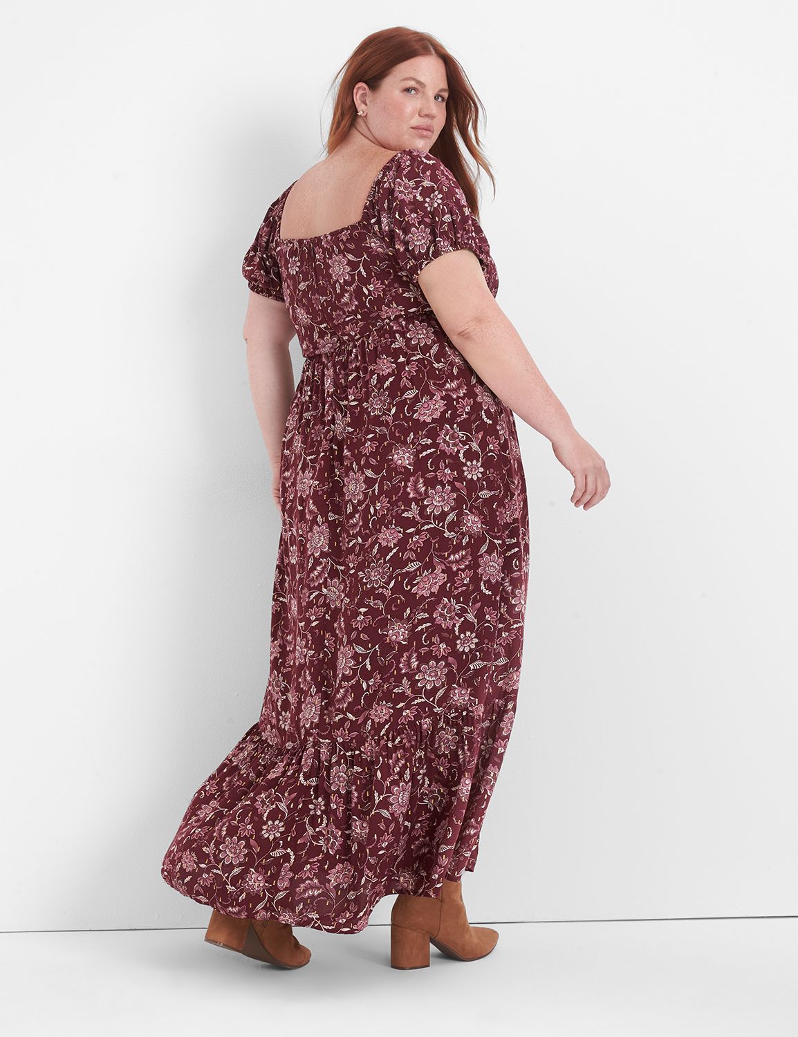 Bubble-Sleeve Tie-Neck Tiered Midi Dress