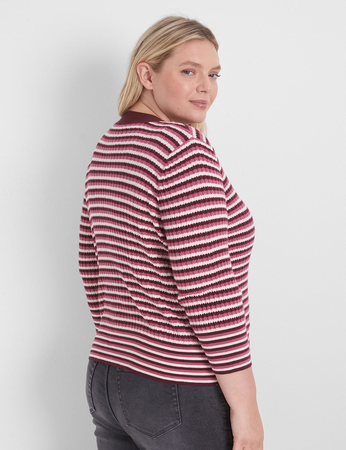 Classic 3/4-Sleeve V-Neck Button-Front Cardigan - Stripe