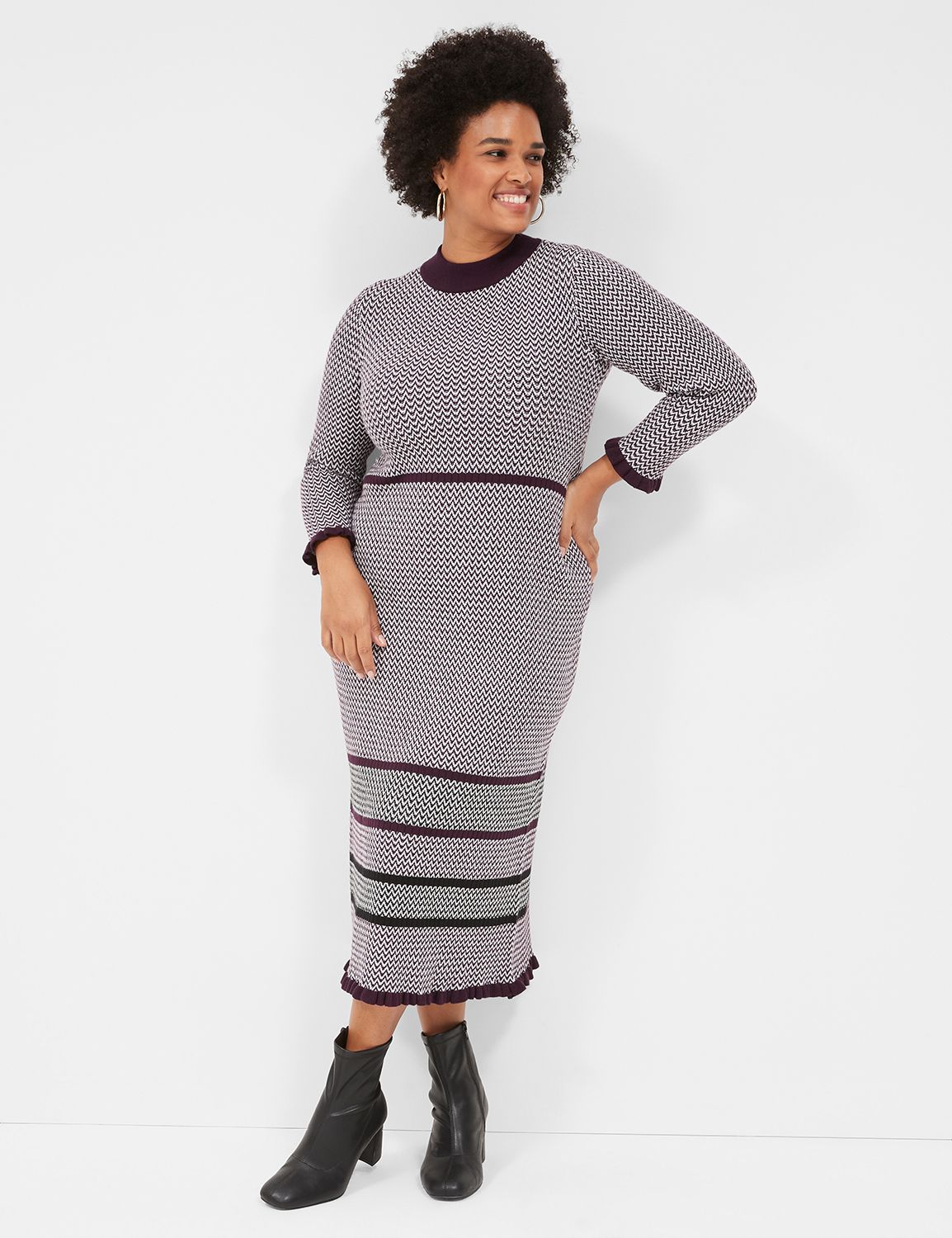 3/4-Sleeve Mock-Neck Stripe Detail Sweater Midi Dress