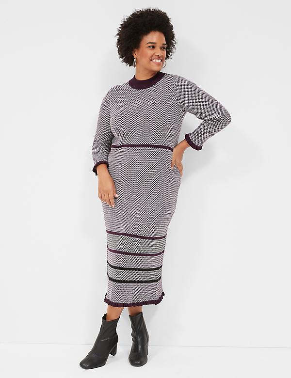 3/4-Sleeve Mock-Neck Stripe Detail Sweater Midi Dress
