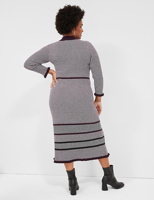 3/4-Sleeve Mock-Neck Stripe Detail Sweater Midi Dress