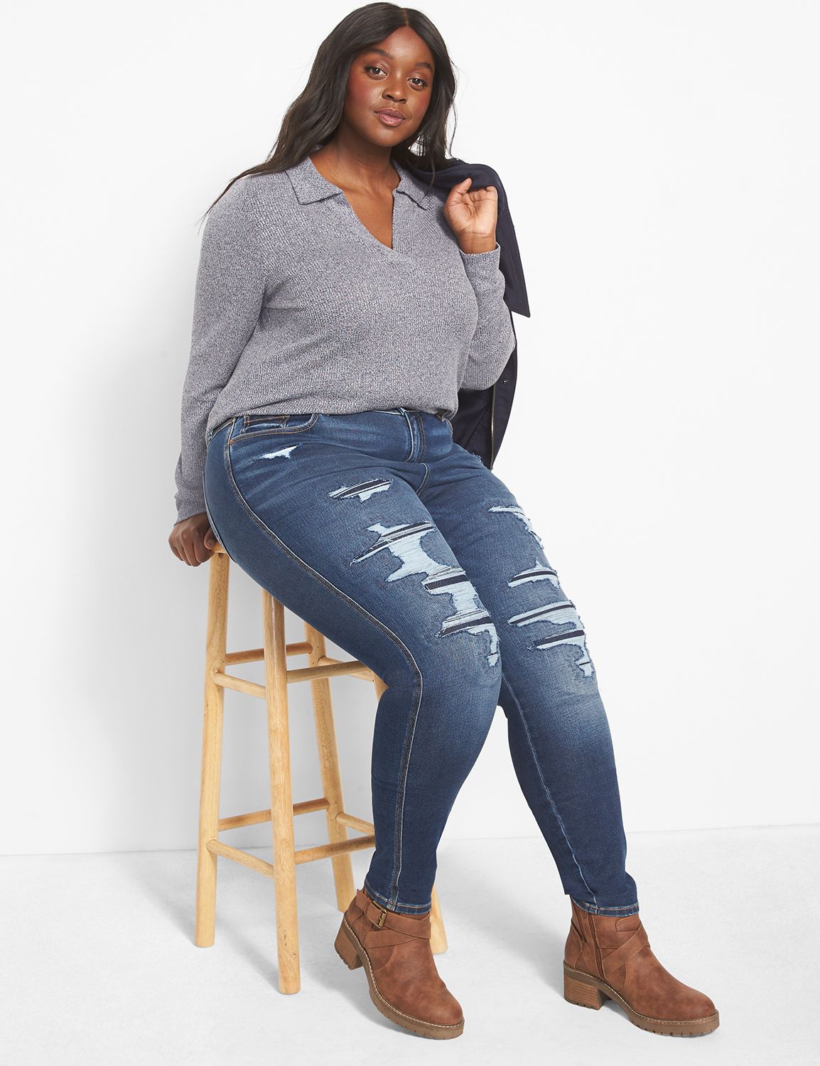 Women Beige Rib Polo Neck Top