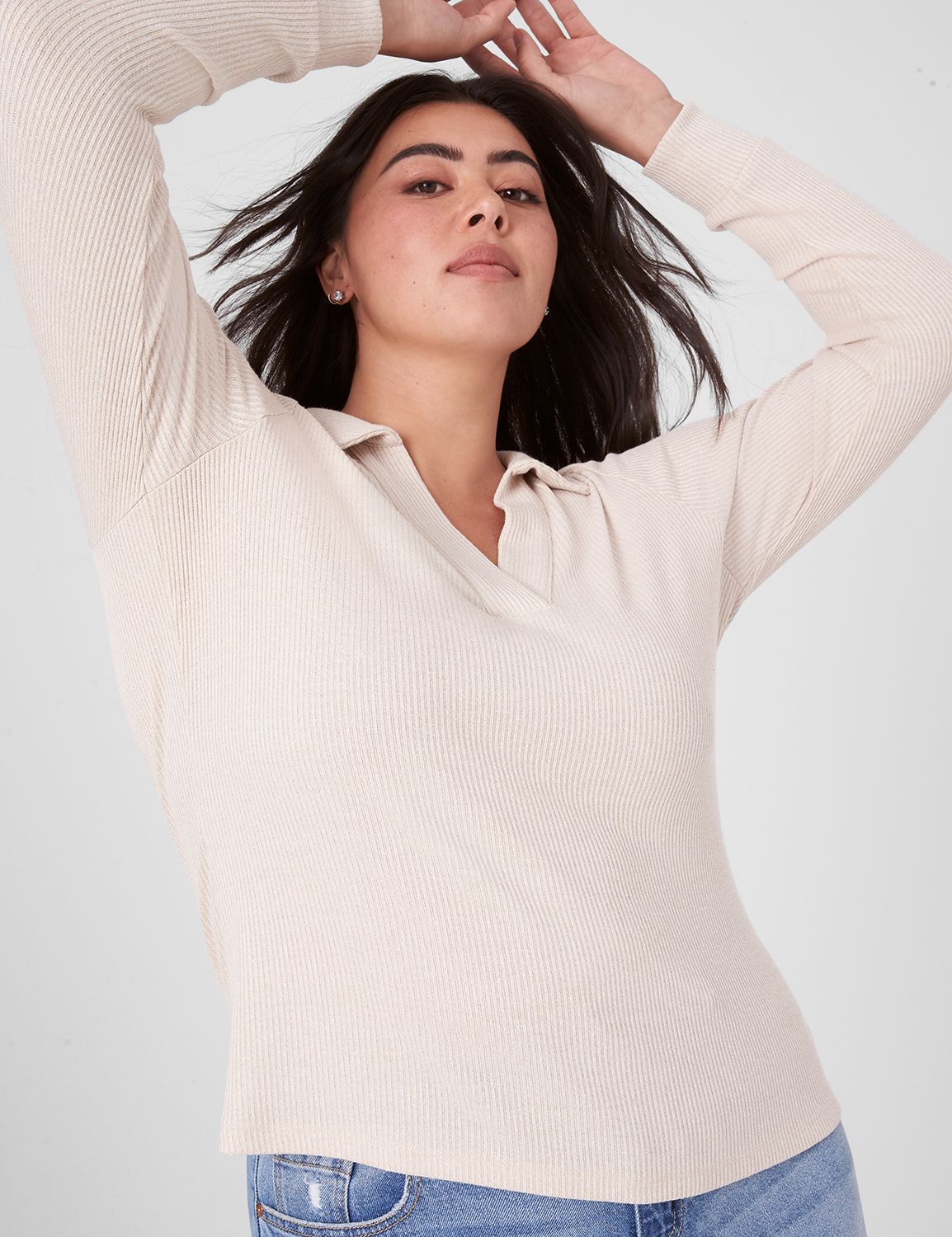 Women Olive Rib Polo Neck Full Sleeves Top