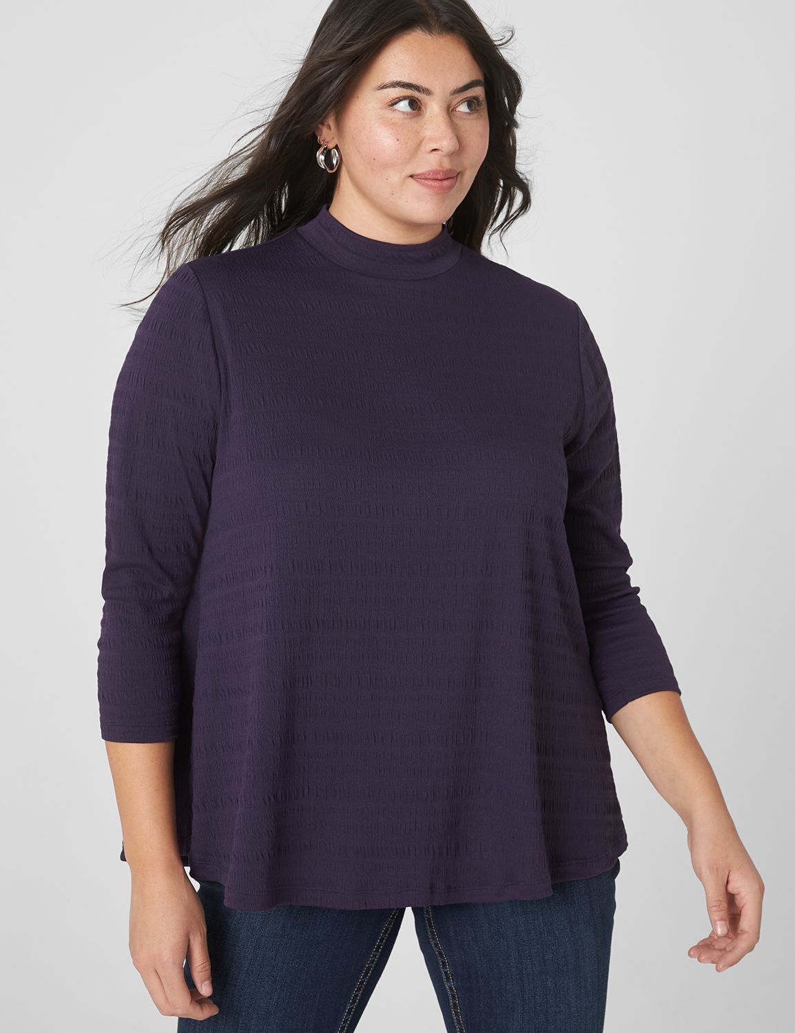 Swing 3/4 Sleeve Mock Neck Smocked | LaneBryant