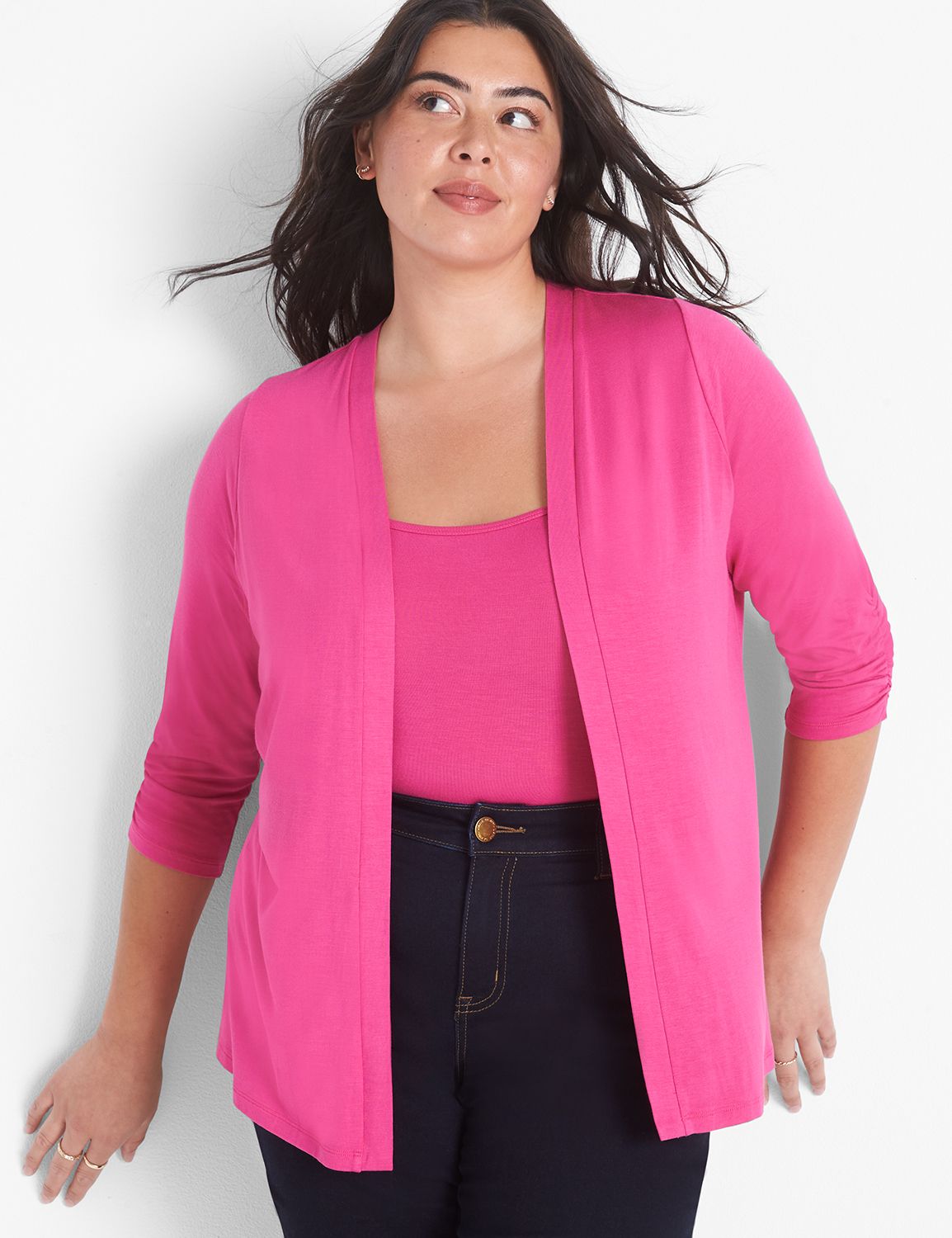 3/4 Sleeve Ruched Sleeve Open Front