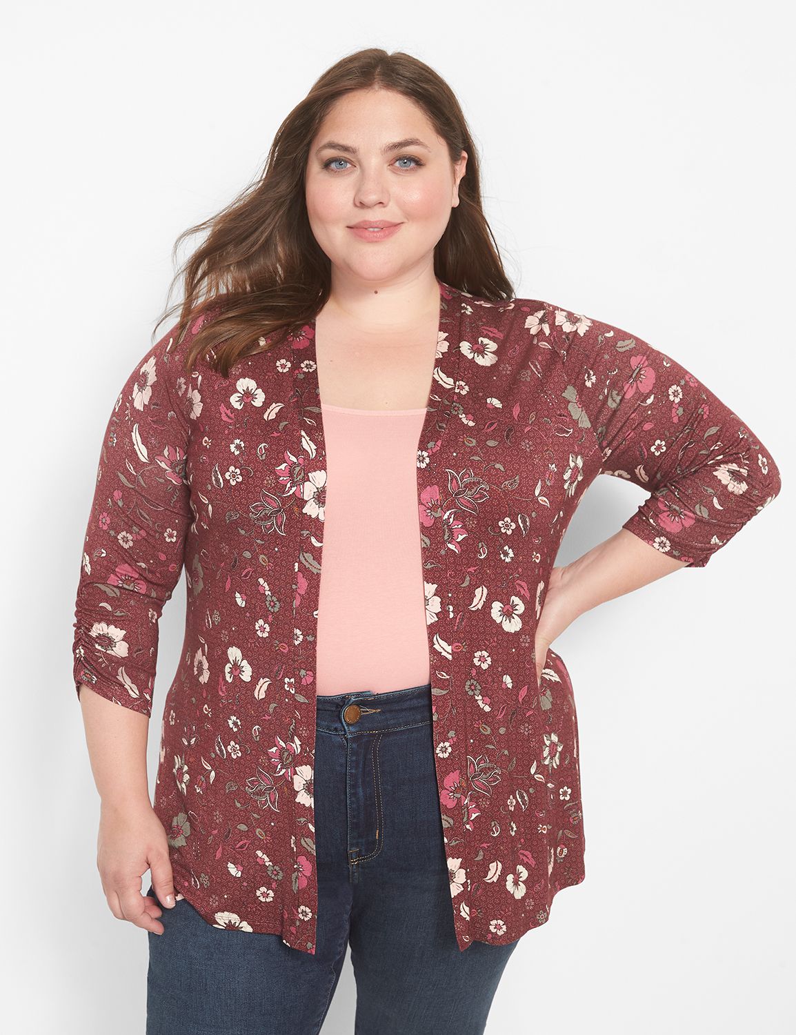 3/4 Sleeve Ruched Sleeve Open Front Product Image 1