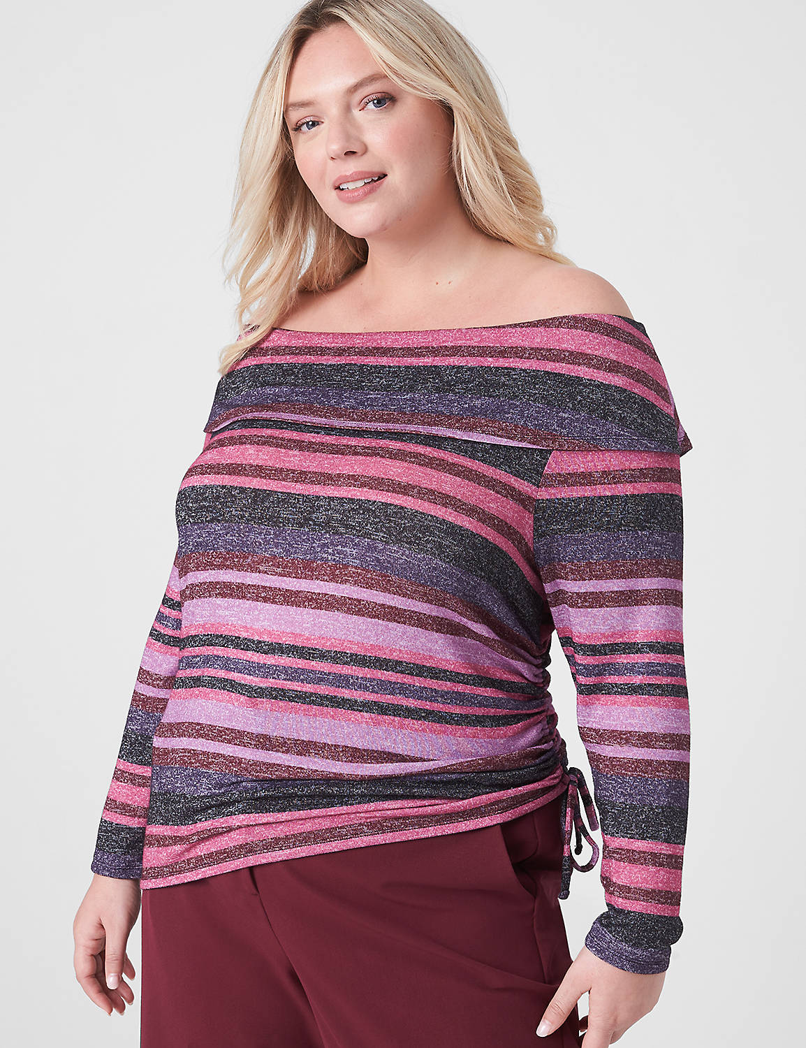 lane bryant classic long-sleeve off-the-shoulder cowlneck knit top 18/20 anika stripe