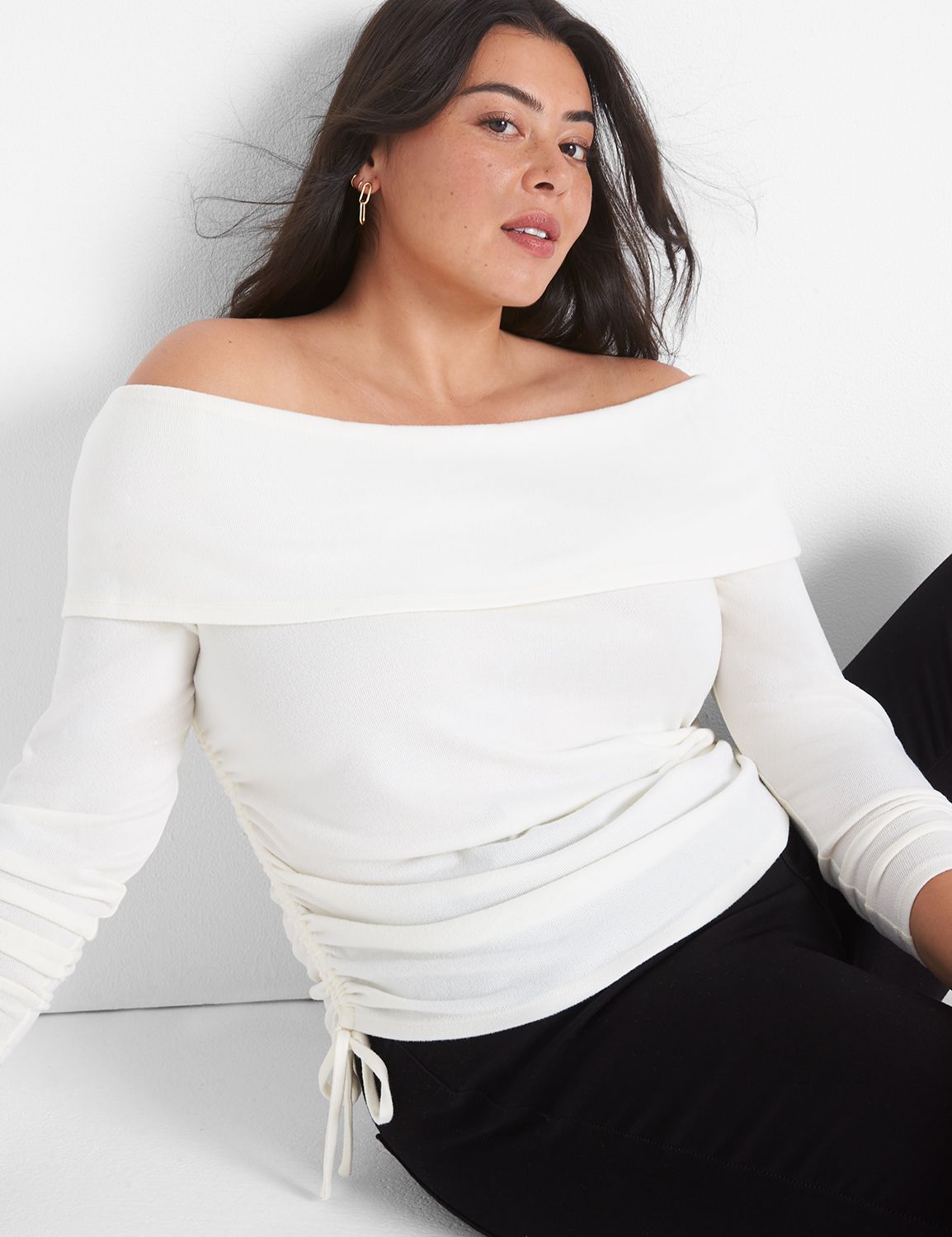 Classic Long-Sleeve Off-The-Shoulder Cowl Knit Top