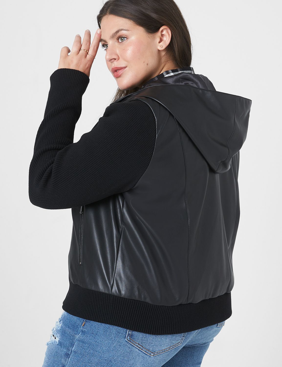 Faux Leather Hooded Moto Jacket With Ribbed Sleeves