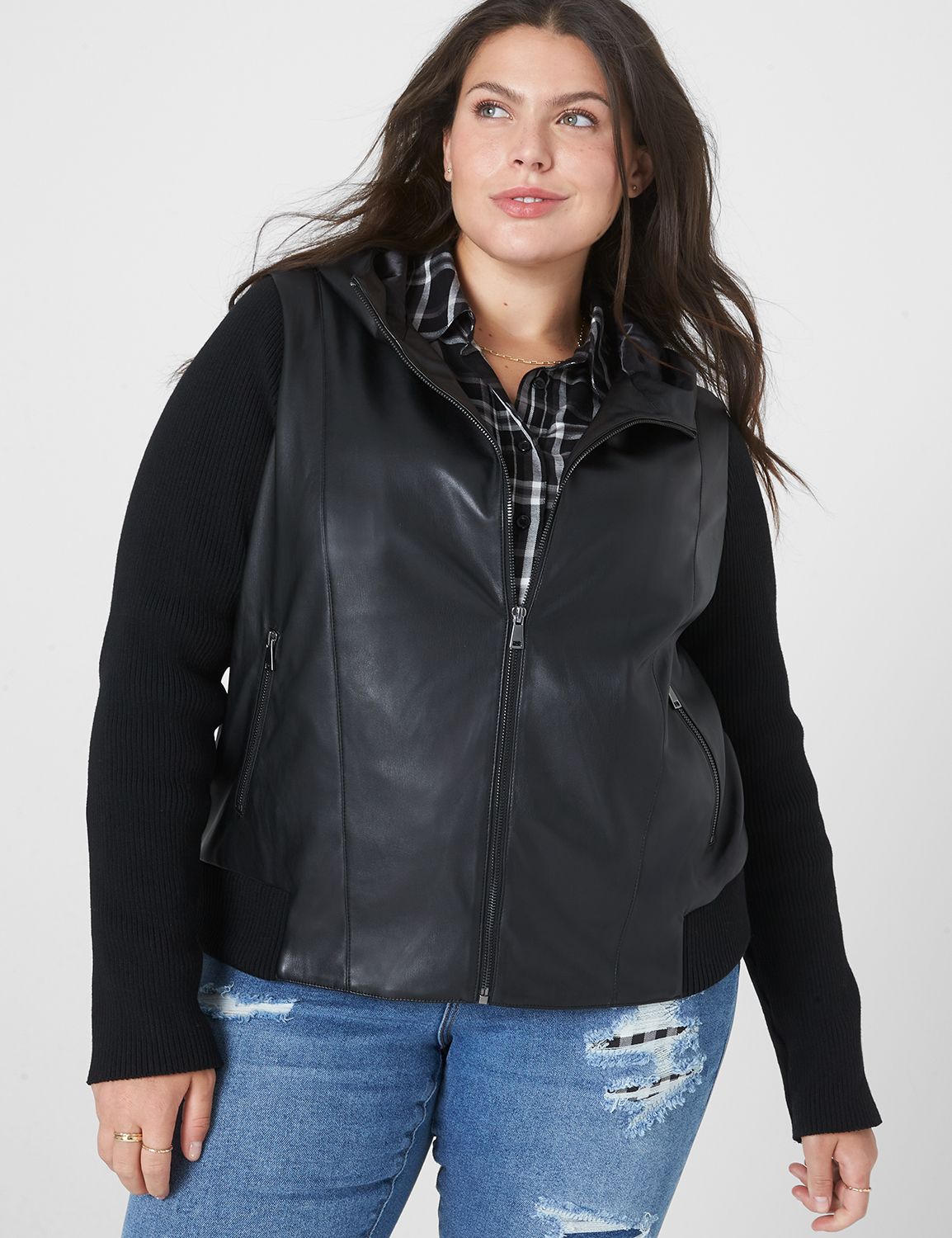 Faux-Leather Hooded Moto Jacket With Ribbed Sleeves