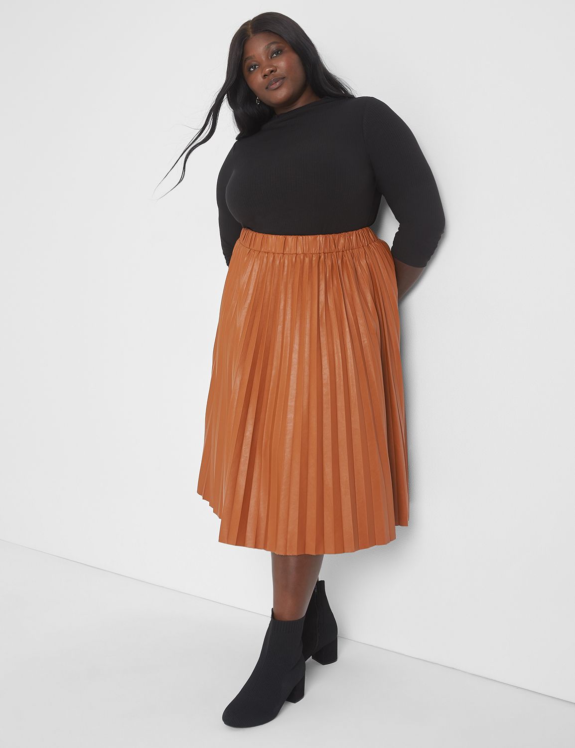 Faux Leather Pleated Midi Skirt