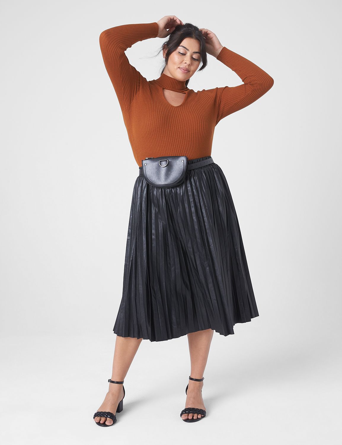 Leather pleated clearance midi skirt black