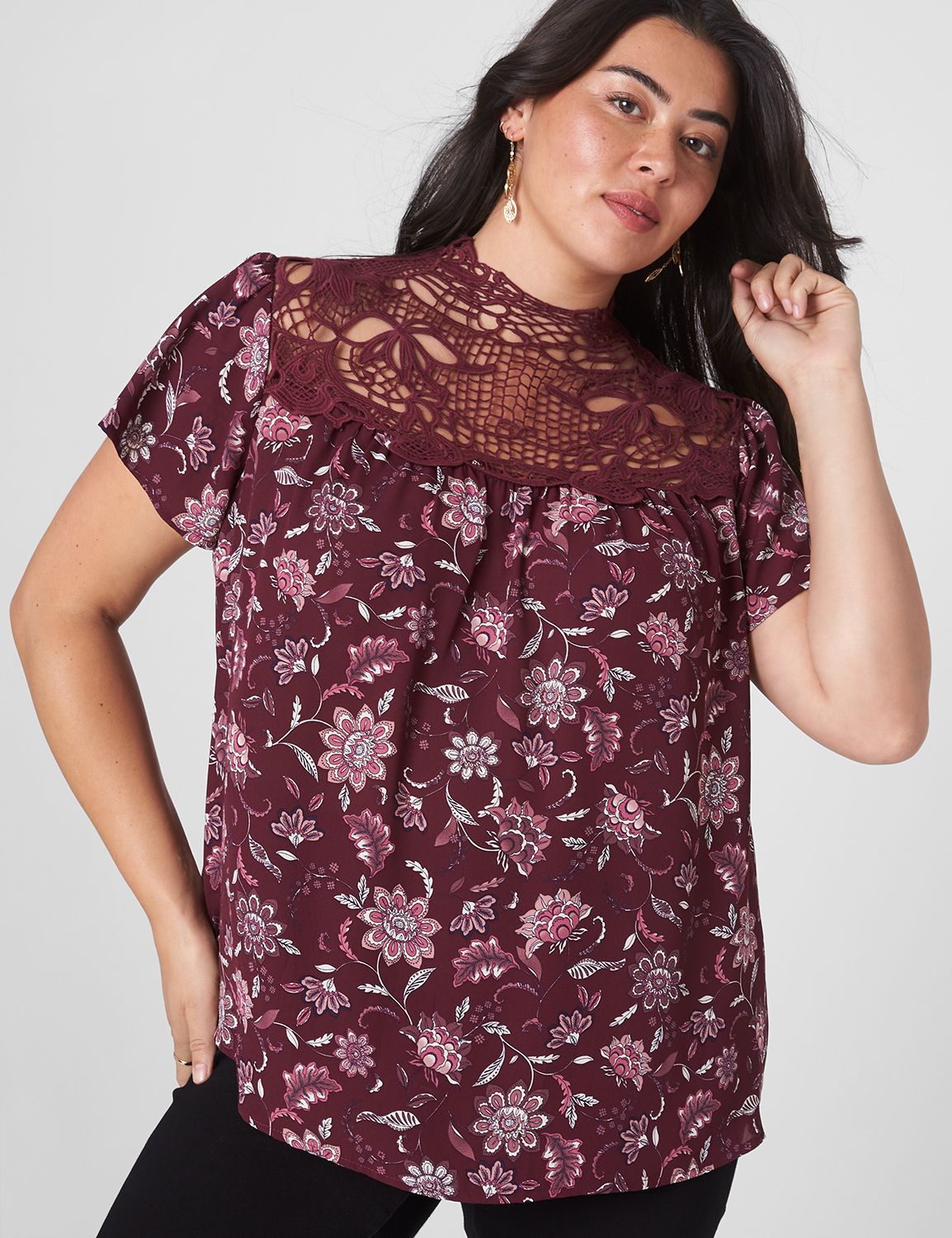 Lace Detail Striped Mock Neck Long Sleeve Shirt main image 1