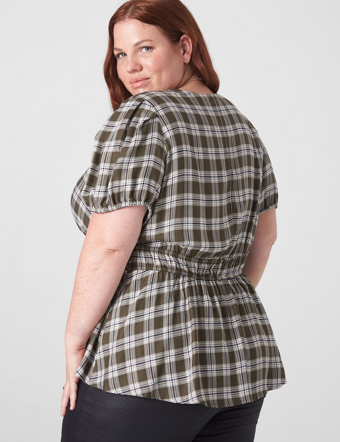 Classic Short Puff-Sleeve Surplice-Neck Peplum Blouse - Plaid | LaneBryant