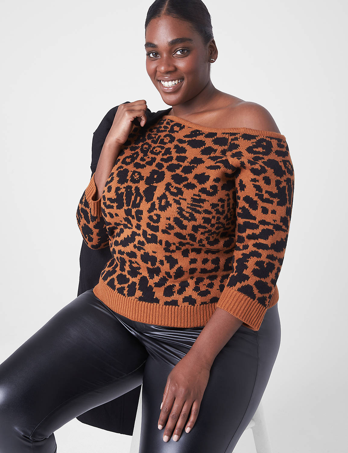 Fitted One-Shoulder Jacquard Sweater | LaneBryant