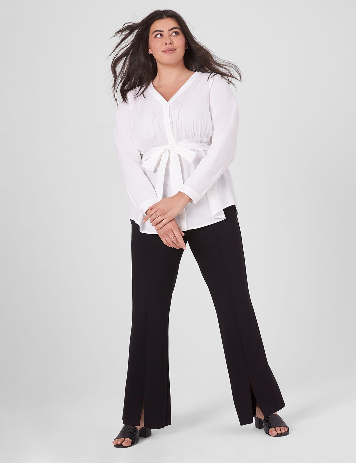 Classic Long-Sleeve V-Neck Button-Down Belted Shirt