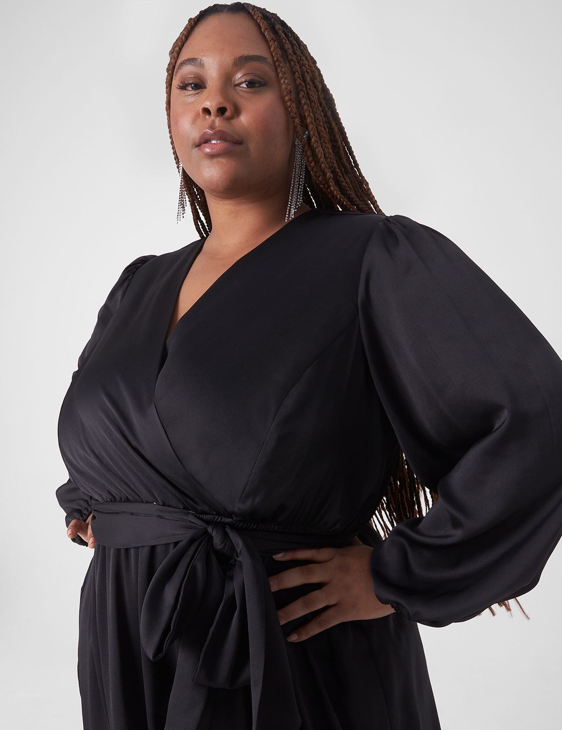 Long Sleeve V Neck Wrap Midi Dress Product Image 3