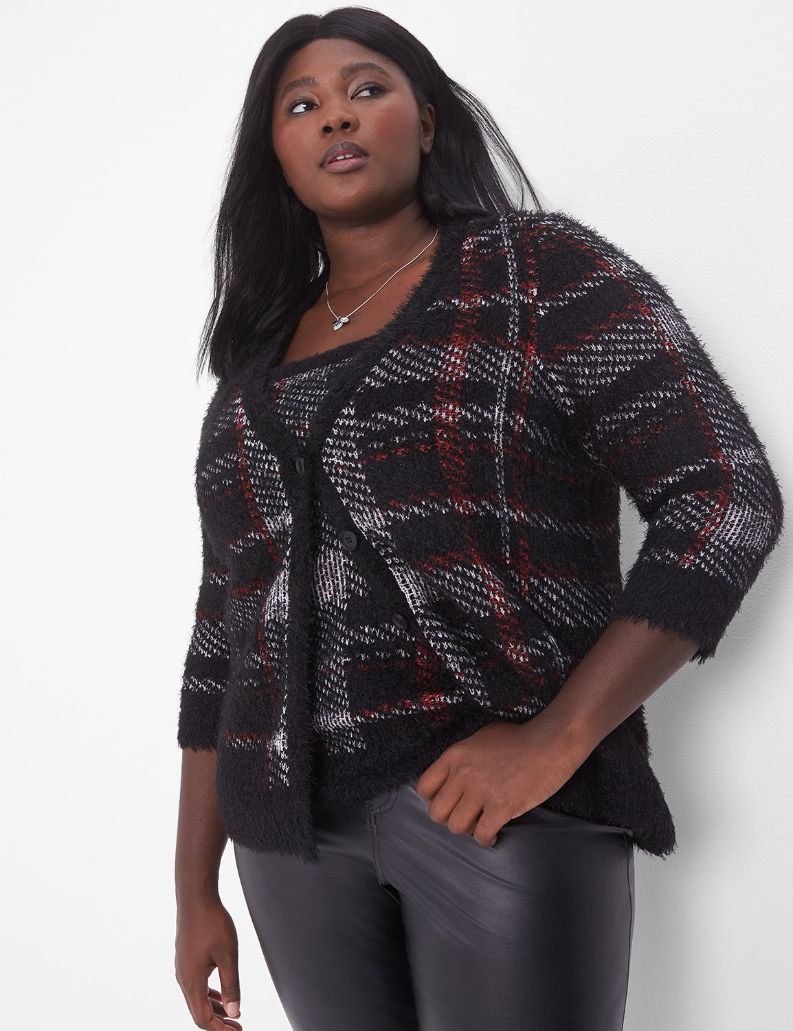 Classic 3 4 Sleeve Button Front Plaid Cardigan