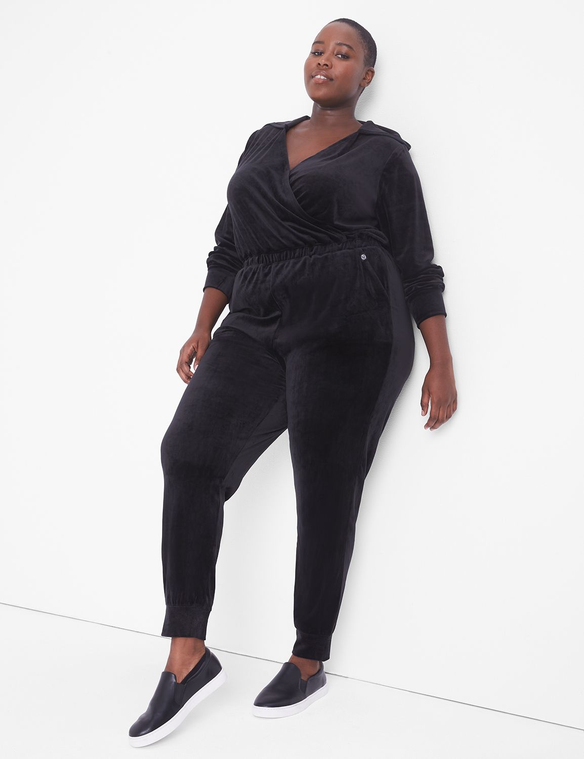 LIVI Long-Sleeve Surplice-Neck Velour Jumpsuit