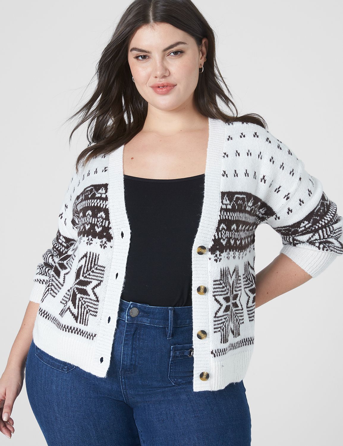 Loose Fair Isle Knit Button Front Cardigan
