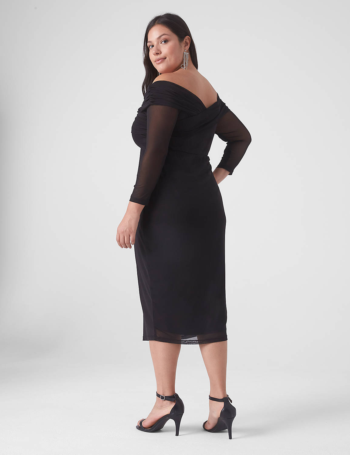 3/4-Sleeve Off-The-Shoulder Illusion Mesh Dress
