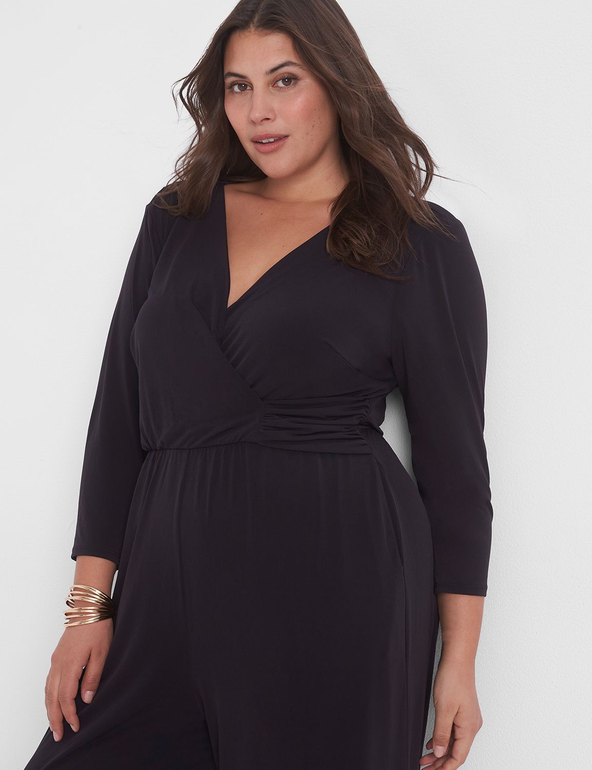 3/4 Sleeve Surplice Wide Leg Jumpsuit | LaneBryant