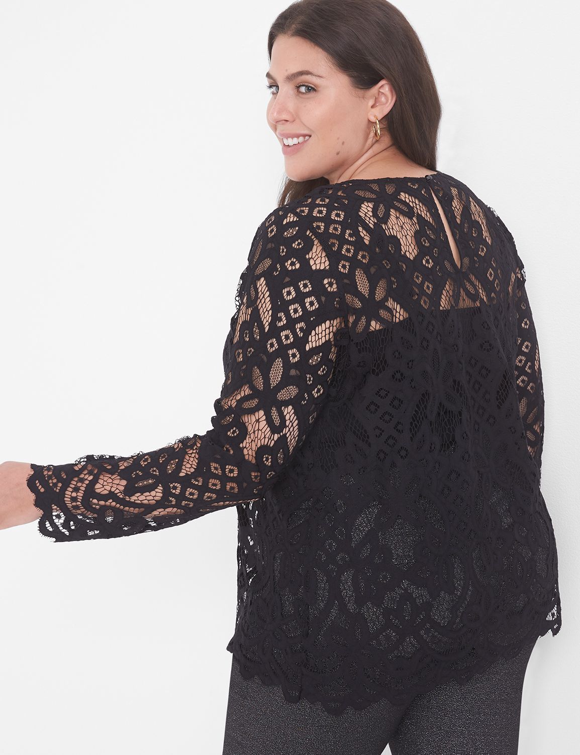 Lace Contrast Crew Neck Top main image 1