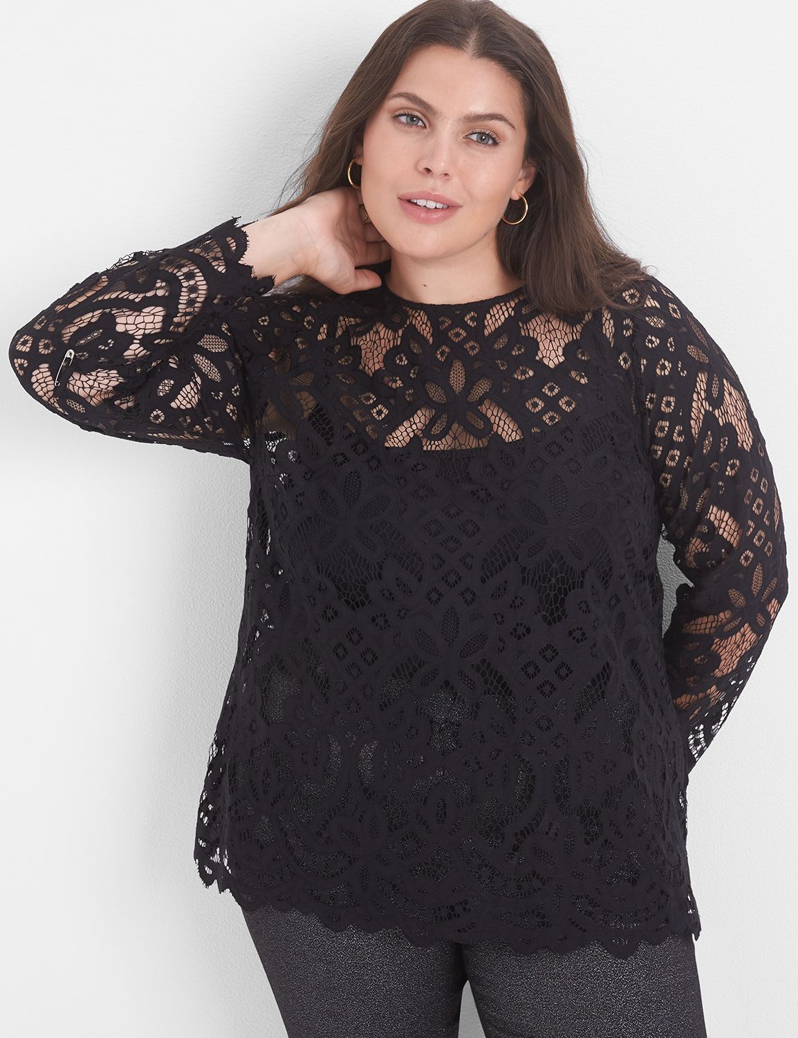 Long-Sleeve Lace Blouse with Crew Neckline, Regular