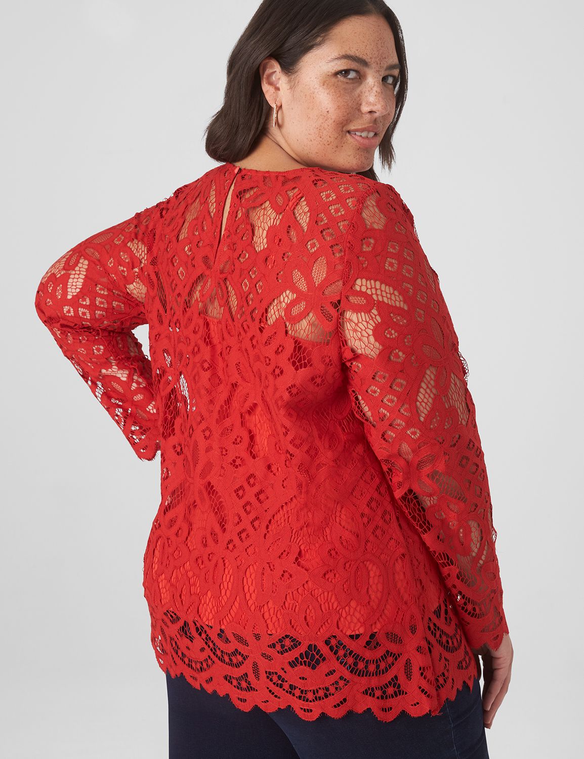 Lace Contrast Crew Neck Top