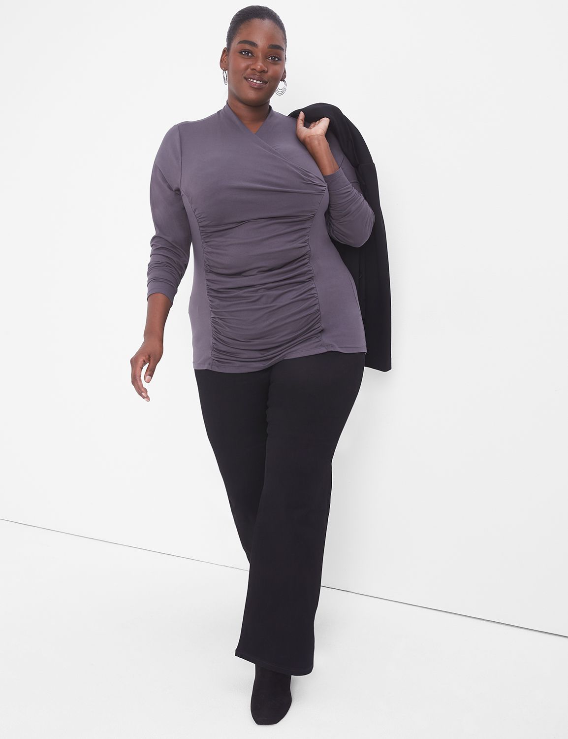 Fitted Long-Sleeve Ruched Surplice Top