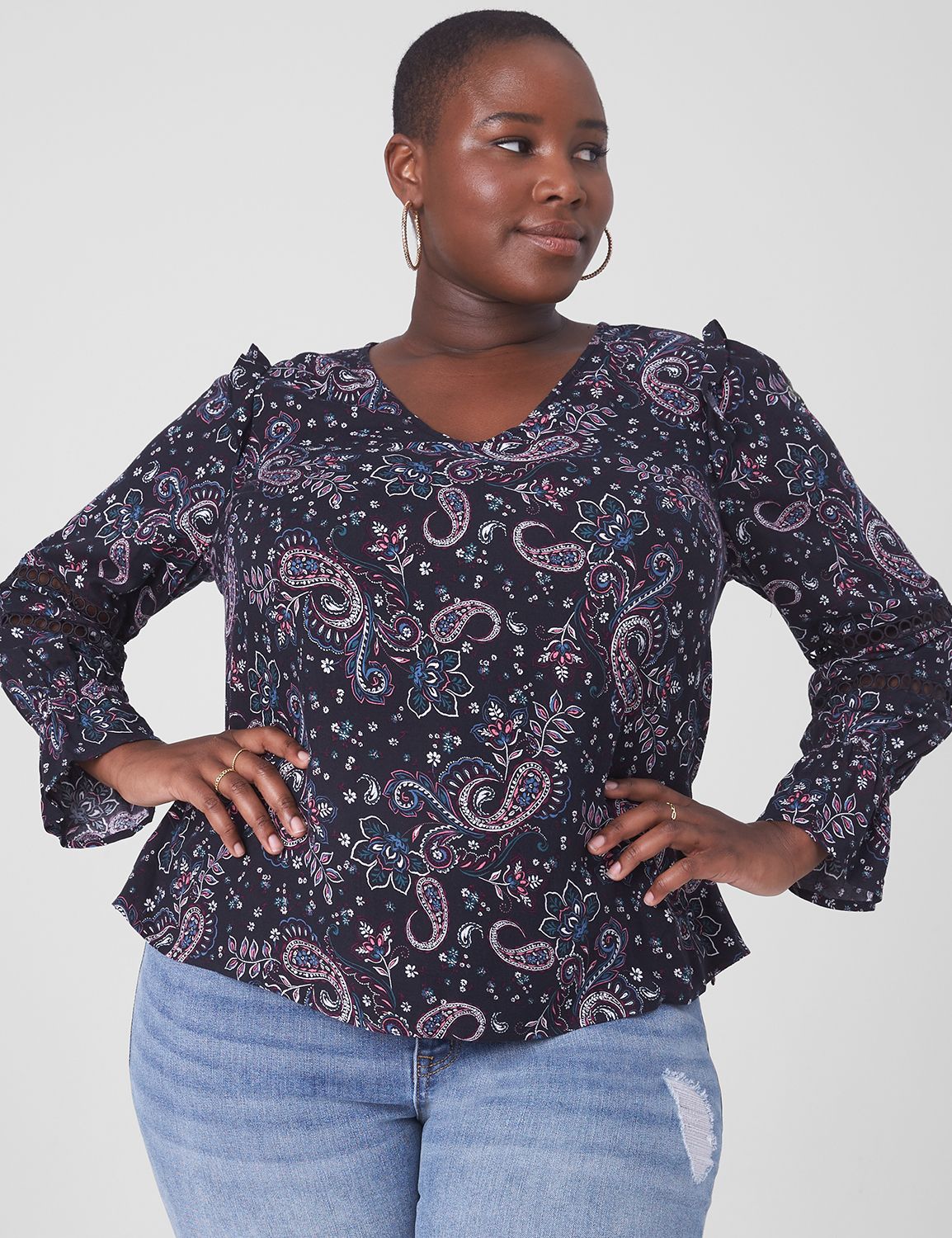 POL V-Neck Short Sleeve Top with Stitch Seam Detail main image 1