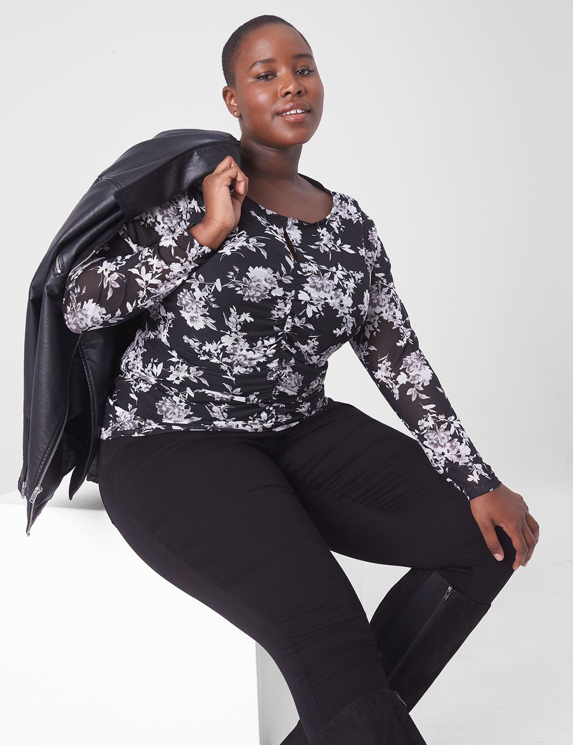 Fitted Long Sleeve Crew Neck Rouche | LaneBryant