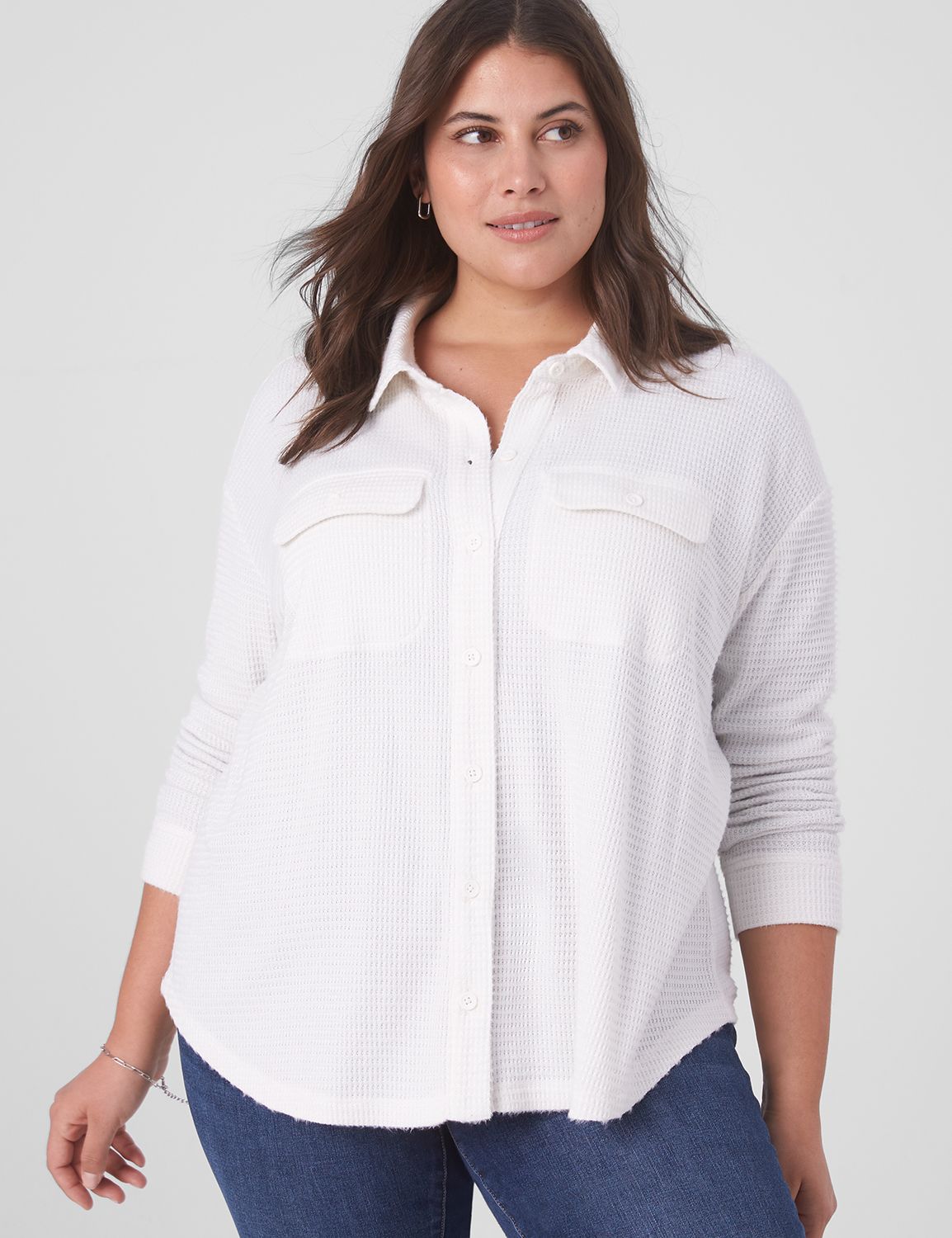 Women's Plus Long Sleeve Collared Button Down Solid Top