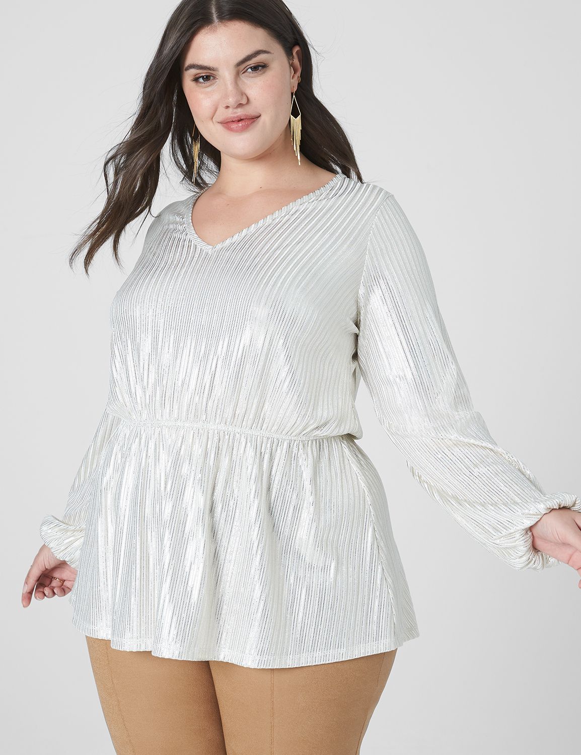 Women's White V-Neck Long Sleeves Blouson Regular Top