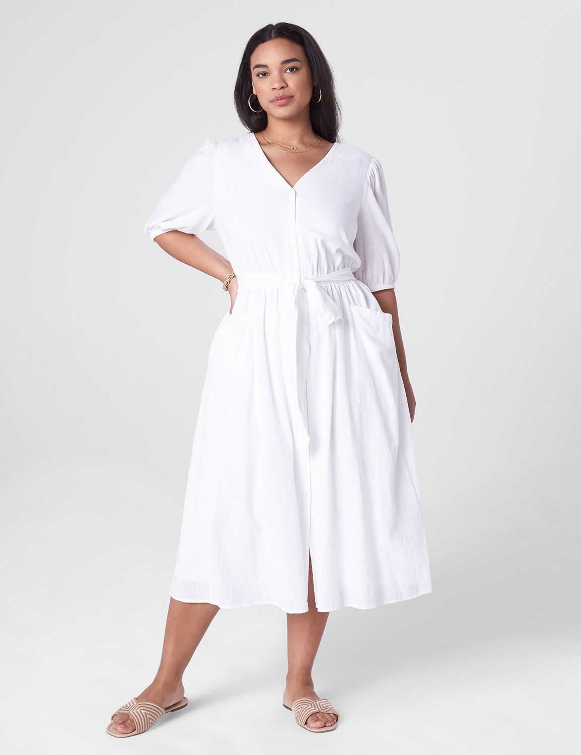 Blouson-Sleeve Button-Down Midi Dress