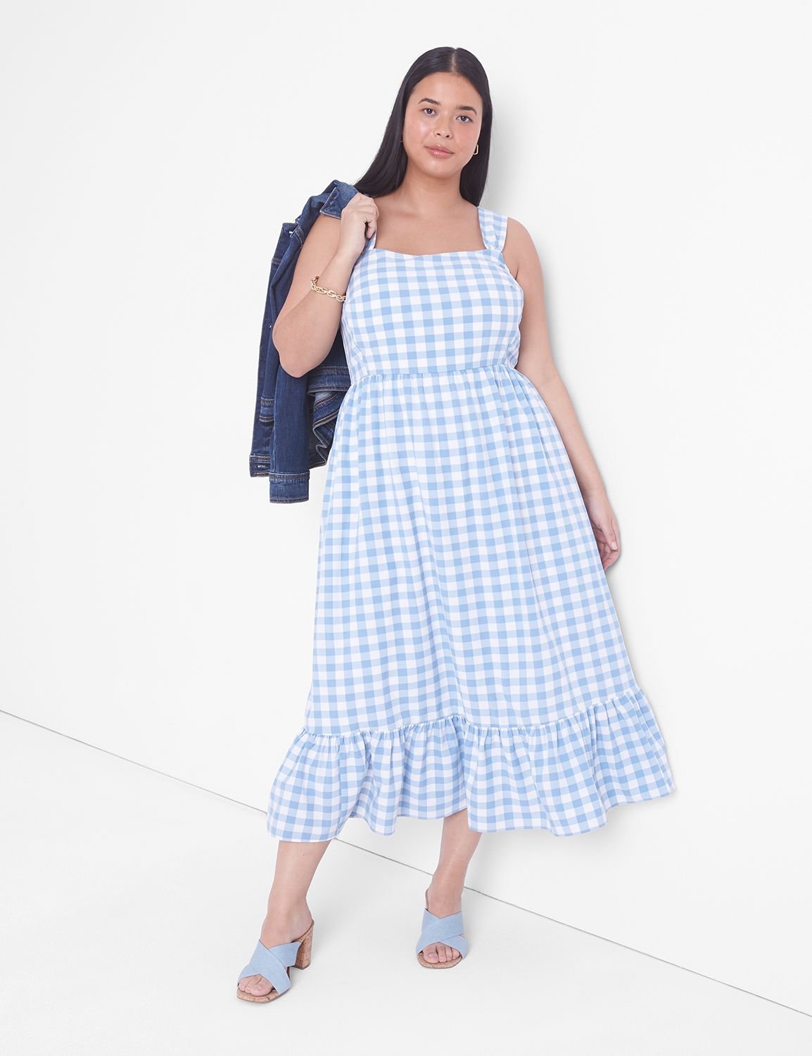 Square-Neck Flounce Hem Gingham Midi Dress