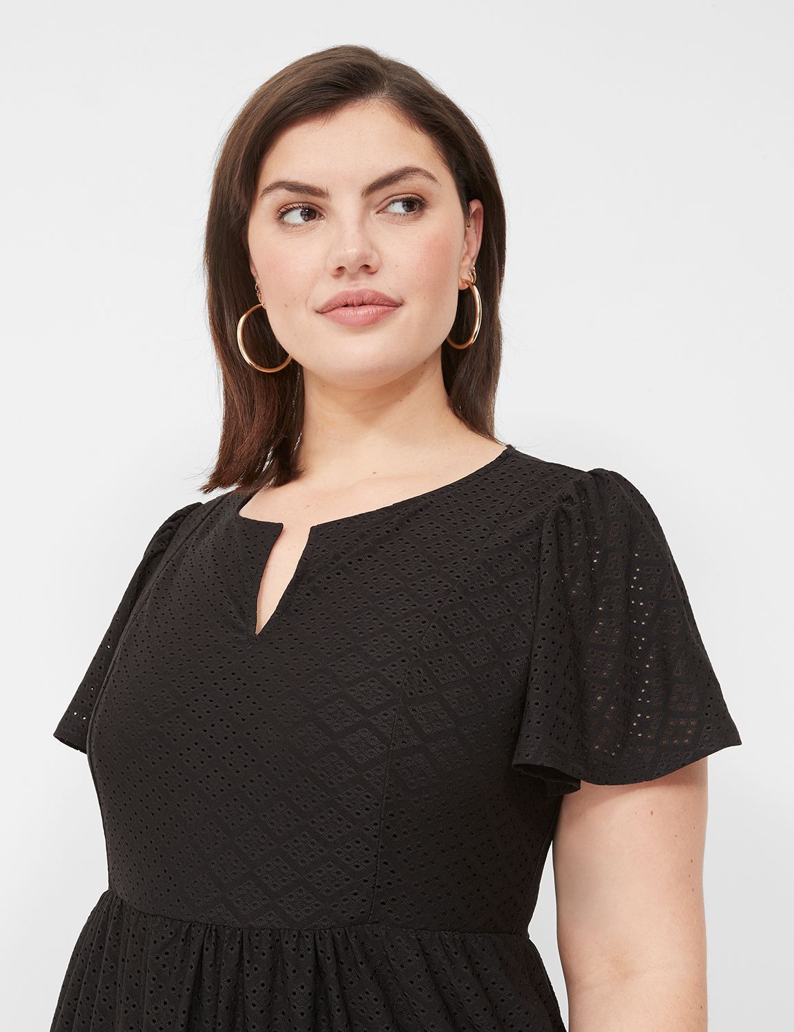 Split Crew Neck Tiered Knit Eyelet Dress Lanebryant