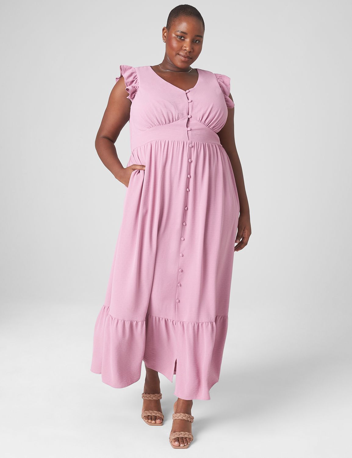 Flutter Sleeve Button Front Maxi Dress LaneBryant