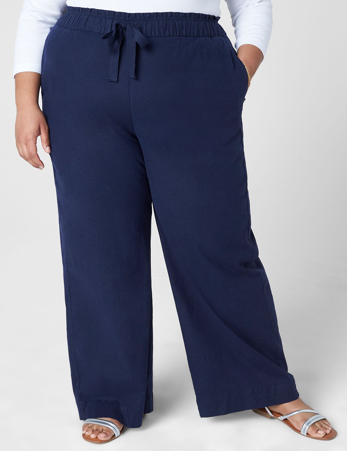 Navy Blue Linen Women Pants Wide Legs Pants Elastic Waist Plus