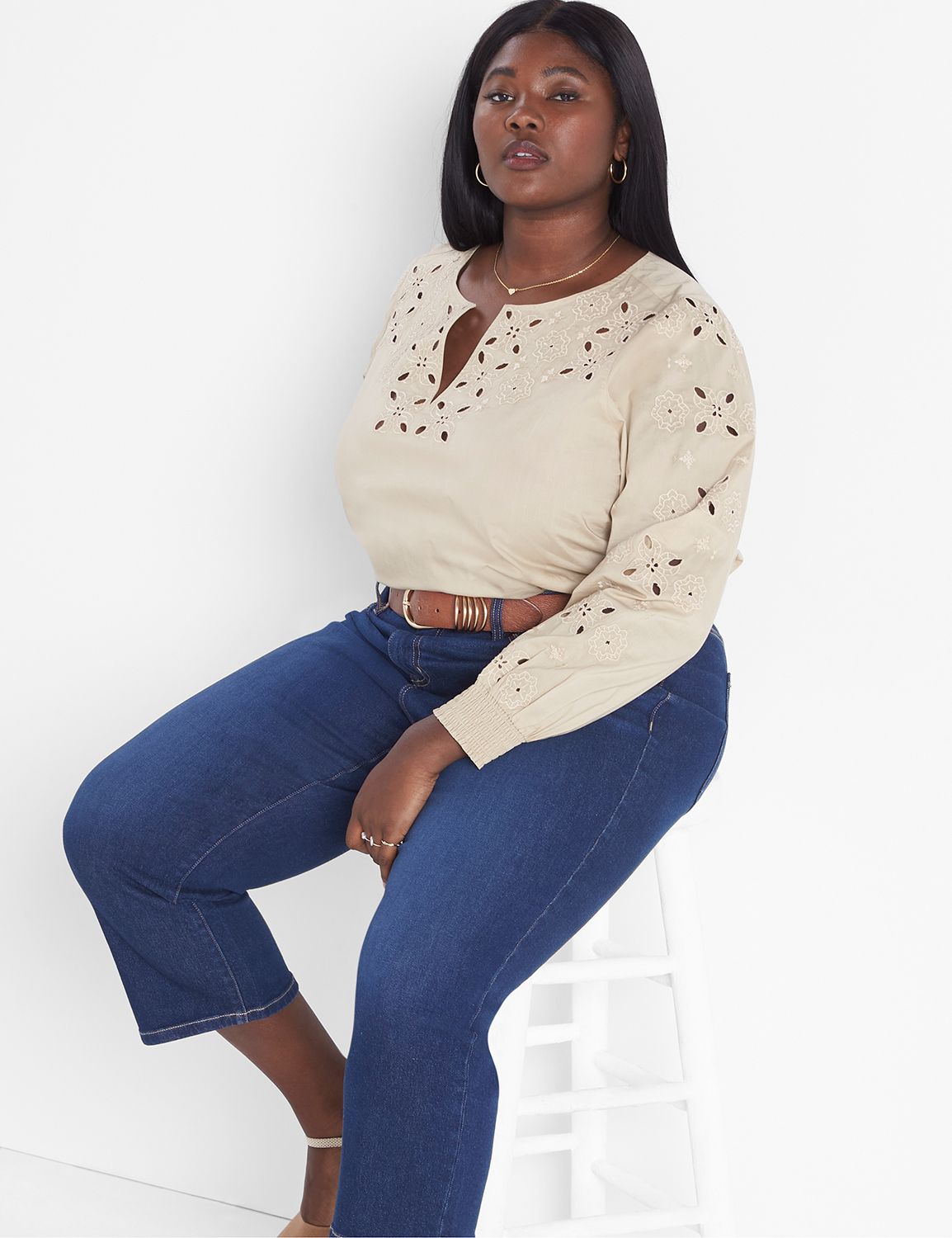 The Nu Vintage - Long Sleeve Eyelet Top Orange