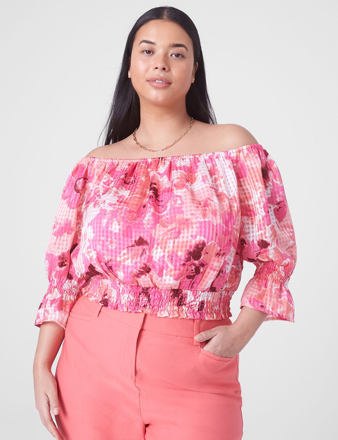 Pink off the online shoulder top plus size