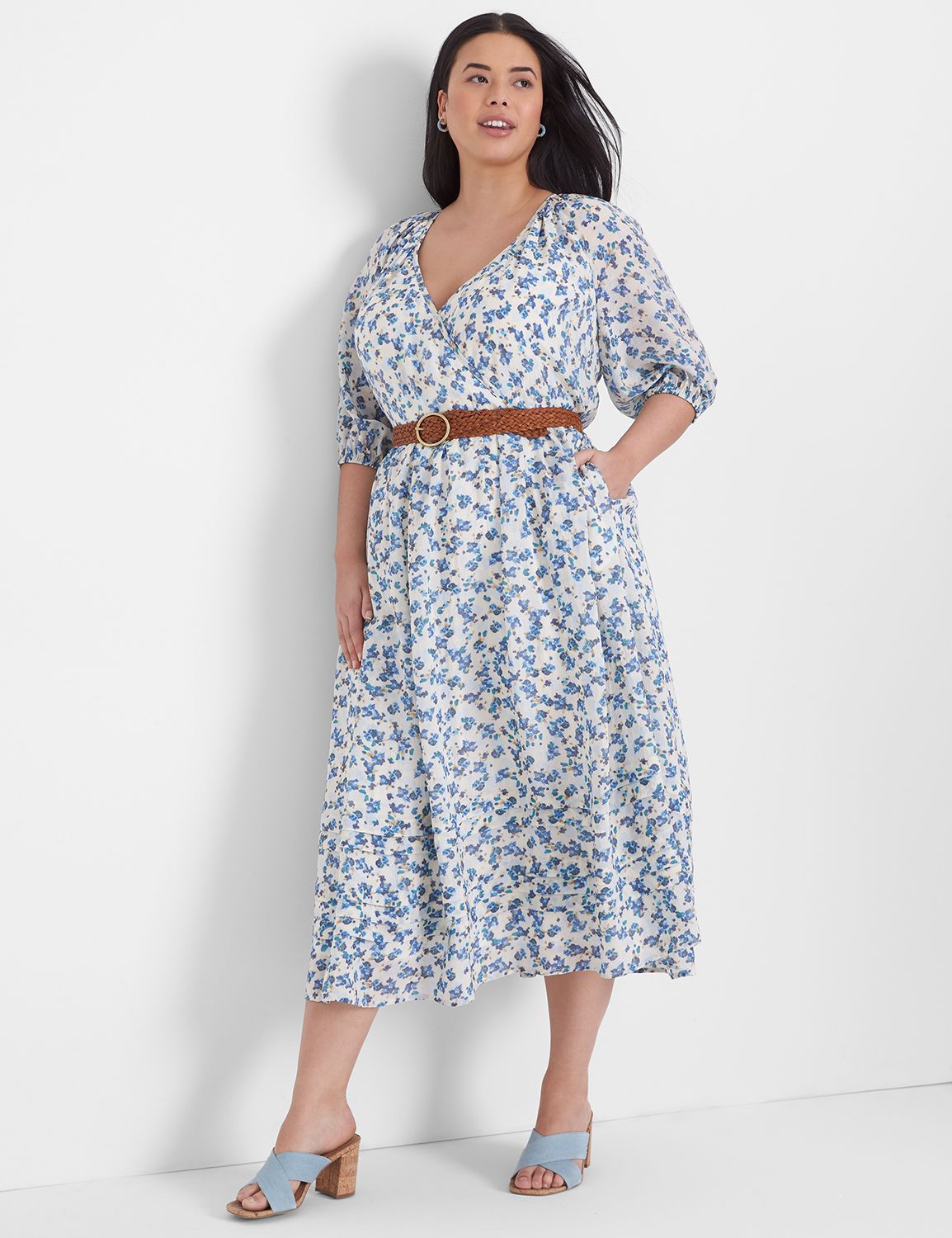 Puff-Sleeve Tuck-Detail Midi Dress