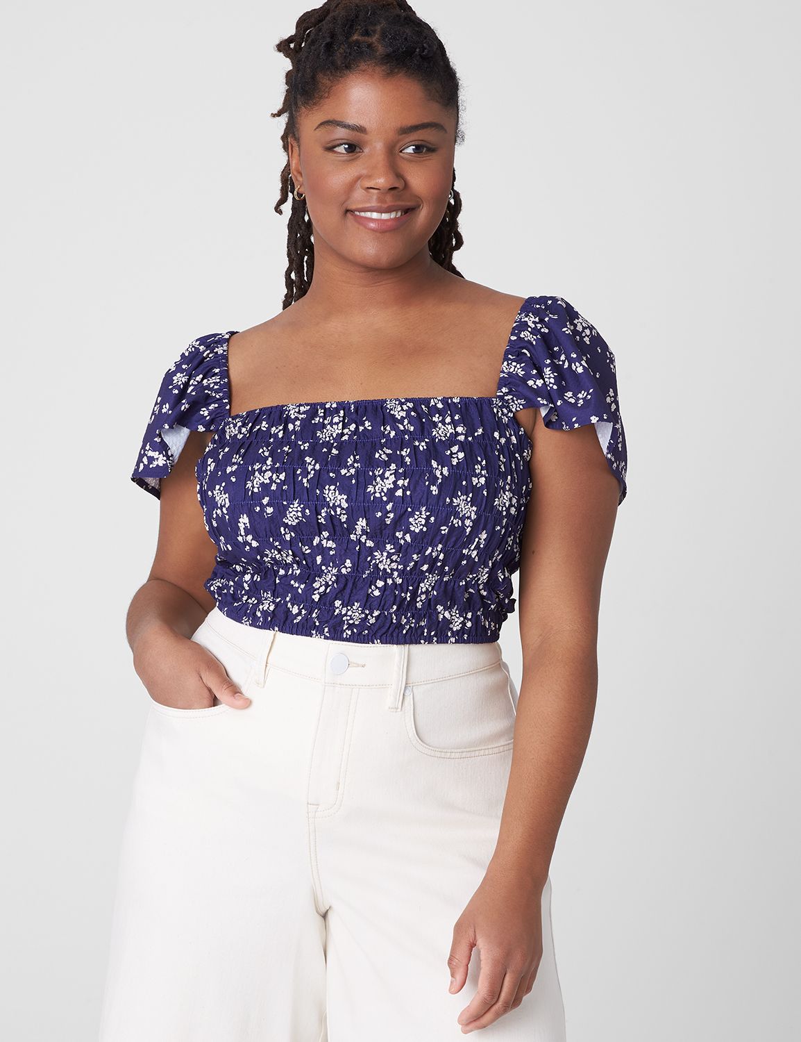 Fitted Ruffle-Strap Smocked Cropped Top