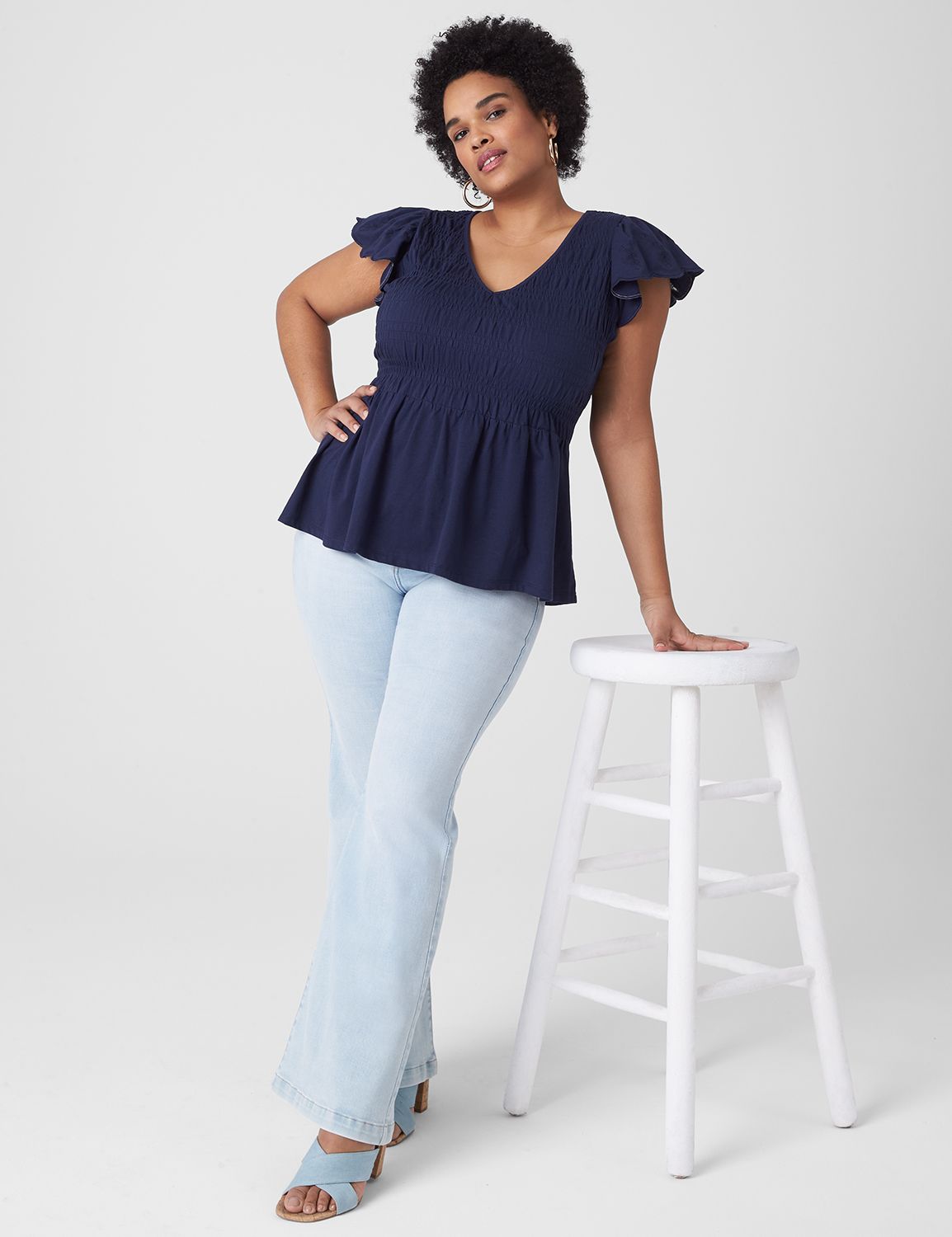 Flutter Sleeve V-Neck Column Gown with Fitted Waist Ink Blue main image 1