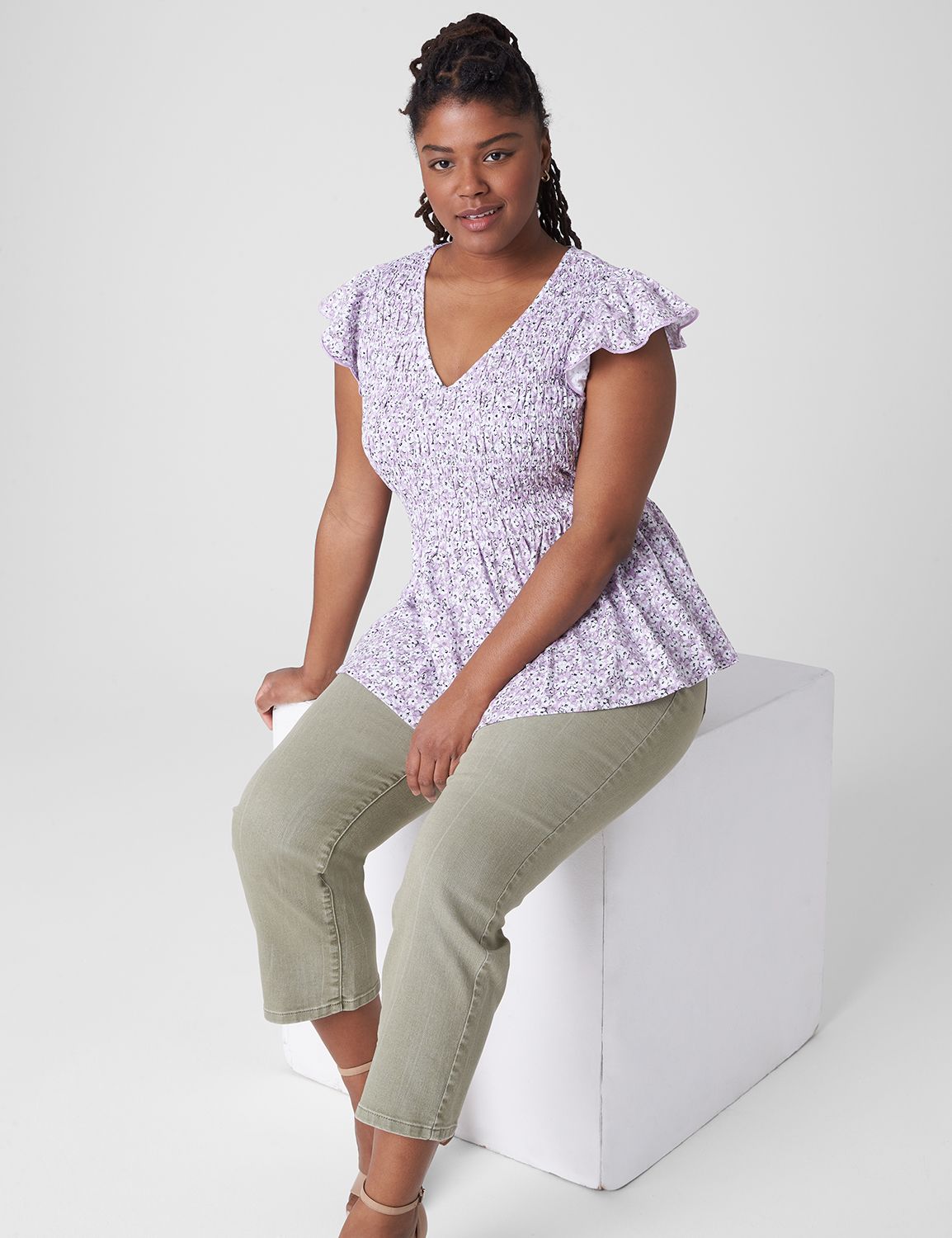 Crushed Smocked Sleeve Magenta V-Neck main image 0