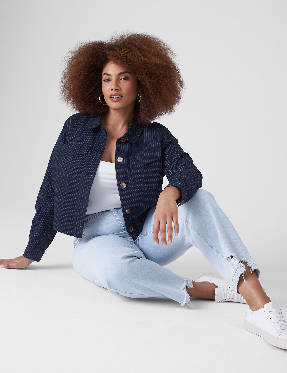 Linen Striped Cropped Jacket 113404 Product Image 3