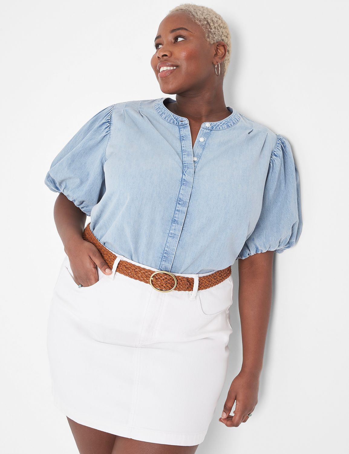 Puff Sleeve Button Down Denim Shirt LaneBryant