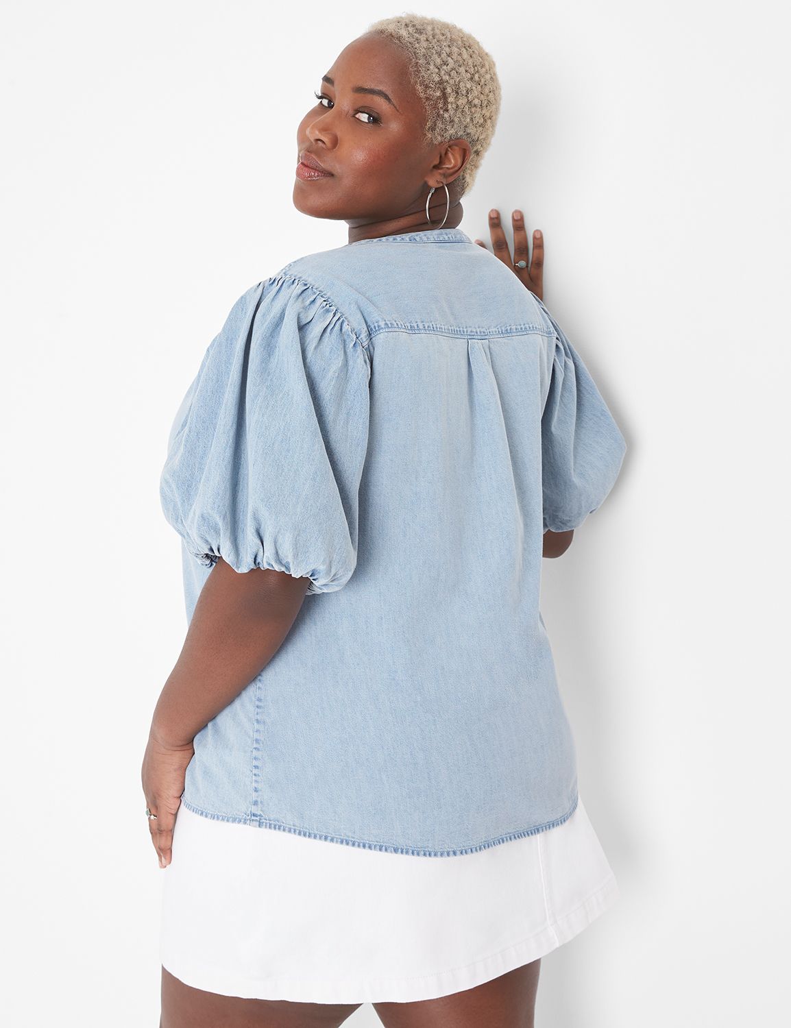 Plus Button Front Puff Sleeve Denim Dress