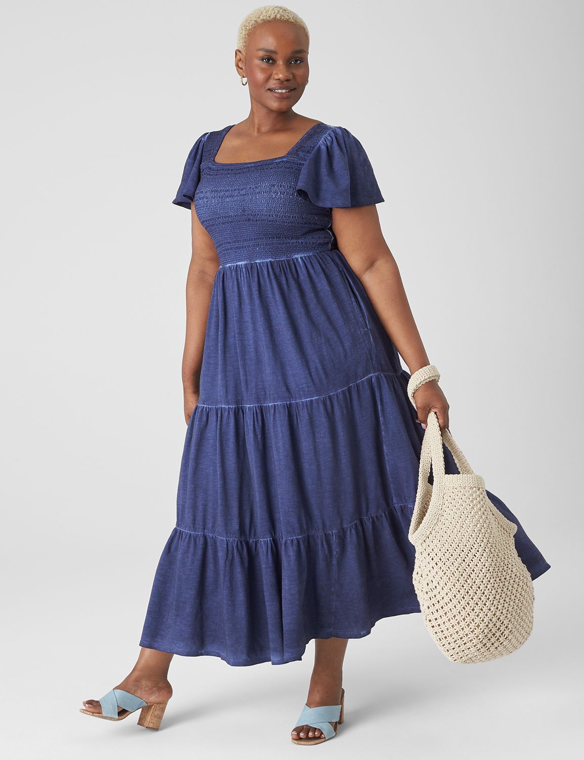 Smocked-Bodice Flutter-Sleeve Maxi Dress