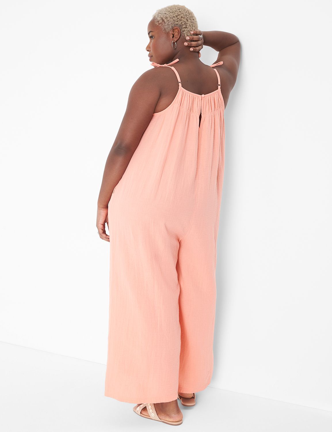 Brown Gauze Button Front Smocked Shoulder Tie Jumpsuit main image 1